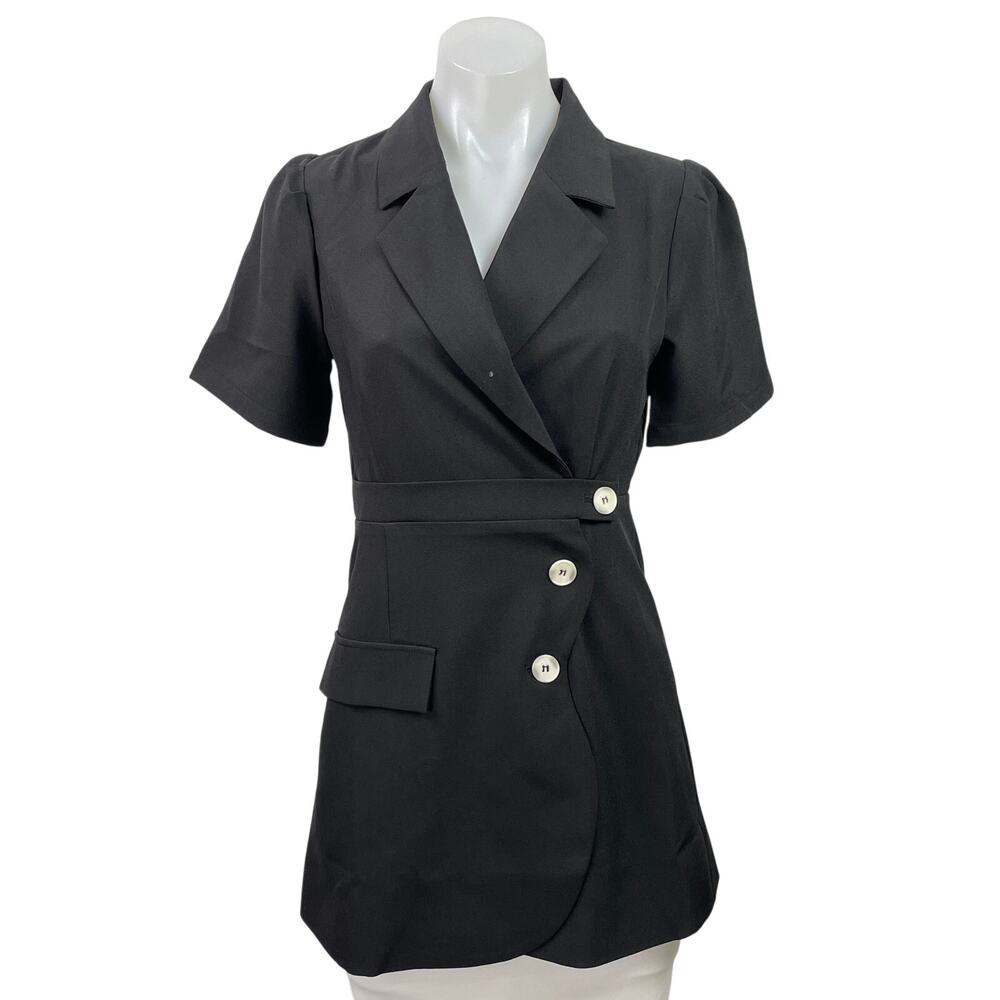 NEW J.ING Women's Black Short Sleeve Collared Button Front Blazer Mini Dress XS